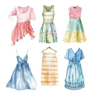 Op de afbeelding: Zes aquarel illustraties van verschillende zomerjurken. De jurken zijn in verschillende kleuren en patronen, waaronder roze, blauw, groen, geel en wit. Alle jurken zijn mouwloos en hebben verschillende halslijnen.