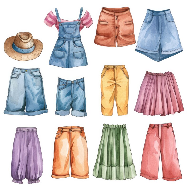 Op de afbeelding: Een verzameling aquarel illustraties van verschillende kledingstukken, waaronder shorts, rokken, broeken en jurken. De items zijn in verschillende kleuren, waaronder blauw, rood, groen, geel en paars.