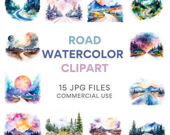Road Clipart Bundle: Watercolor Country Scenes, Rural Dirt Roads, Trip-Ready JPG Image Files for Commercial Use