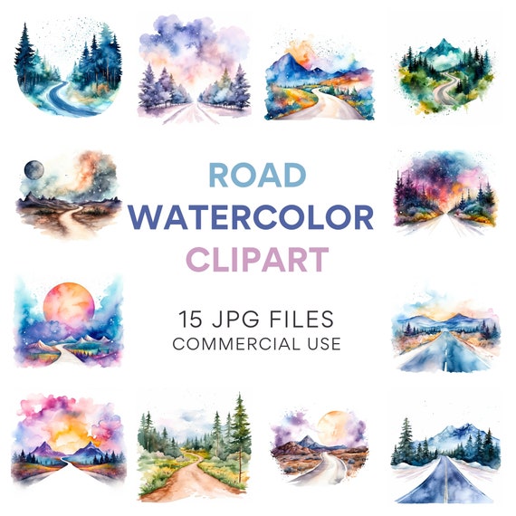 Road Clipart Bundle: Watercolor Country Scenes, Rural Dirt Roads, Trip-Ready JPG Image Files for Commercial Use
