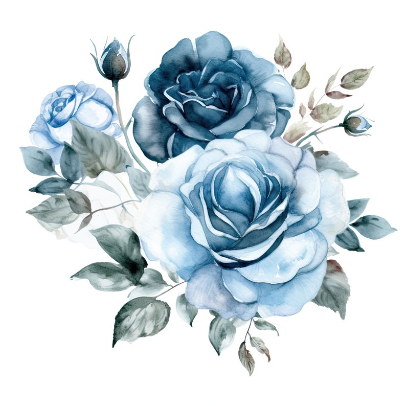 Vintage Blue Roses Clipart | 49 High-quality Jpgs - Watercolor, Digital ...
