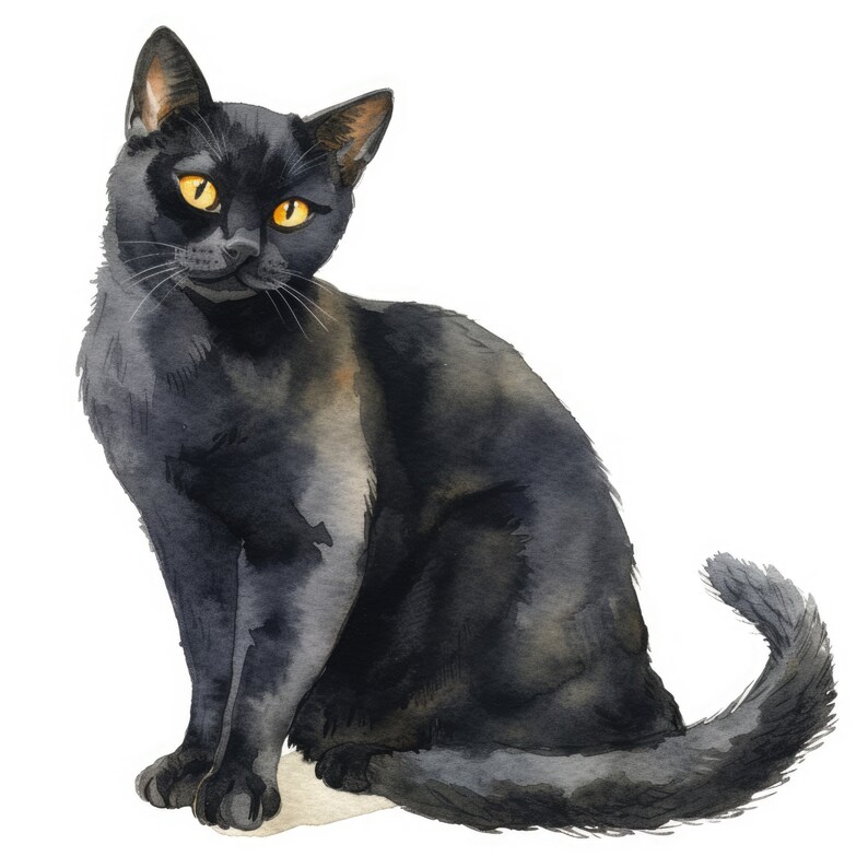 Pode incluir: Um gato preto com olhos amarelos senta-se com o rabo enrolado em volta do corpo. O gato &eacute; pintado em estilo aquarela.