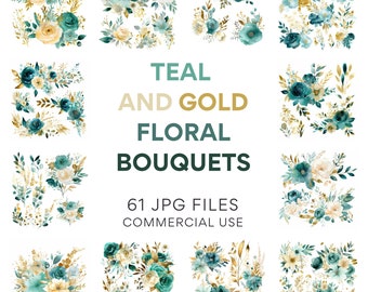 Teal en goud folie bloemen boeketten clipart: vintage bloemsierkunst voor Teal bruiloften, Rose boeketten, digitale bloemen in JPG, commercieel gebruik