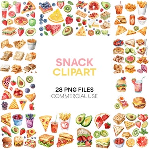 Snack Clipart Bundle - Instant Download, Fast Food & Candy Clipart, Watercolor Snacks for Game Night, Football Party, PNG