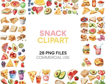 Snack Clipart Bundle - Direkt Nedladdning, Snackmat & Godis Clipart, Akvarell Snacks för Spelkväll, Fotbollsfest, PNG