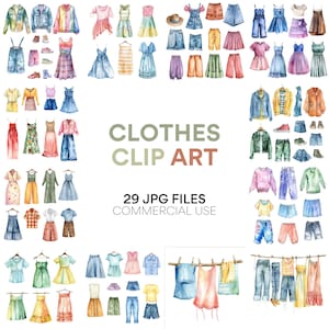 衣服のクリップアート 水彩ファッションイラスト: 手描きの商用利用可能な衣服のクリップアート - ジーンズ、レインコート、ファッションクリップアート、JPG