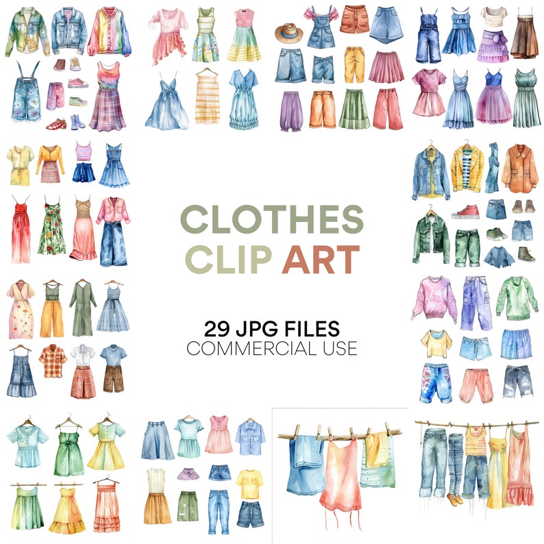 Op de afbeelding: Een verzameling van 29 aquarel illustraties van kledingstukken, waaronder jurken, shirts, broeken en jassen. De illustraties zijn in een rasterpatroon gerangschikt en zijn allemaal in verschillende kleuren en stijlen. De tekst "CLOTHES CLIP ART" en "29 JPG FILES COMMERCIAL USE" is ook in de afbeelding opgenomen.