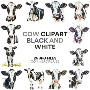 Cow Clipart Black And White | 26 High-Quality JPGs - Watercolor, Digital Planners, Junk Journals, Wall Art, Commercial Use, Digital Download