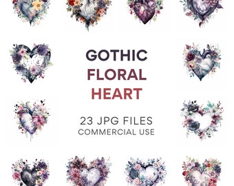 Imágenes prediseñadas de corazón floral gótico, gráfico anatómico del corazón humano, corazón gótico de San Valentín con flores Clip Art, uso comercial JPG
