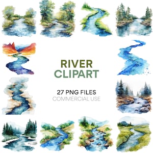 May include: A set of 27 watercolour illustrations of rivers and streams in various settings. The illustrations feature blue water, green trees, and brown rocks. The text "River Clipart" and "27 PNG Files Commercial Use" is included in the image.