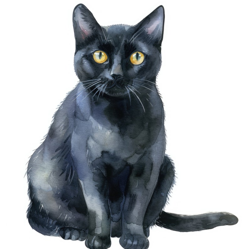 Pode incluir: Um gato preto com olhos amarelos est&aacute; sentado de frente para a c&acirc;mera. O gato tem uma pelagem curta e lisa e est&aacute; pintado em estilo aquarela.
