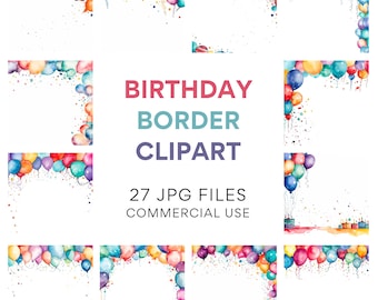 Könnte beinhalten: Ein Set mit 27 digitalen Clipart-Bildern mit Aquarell-Geburtstagsrahmen mit bunten Ballons, Konfetti und Luftschlangen. Die Bilder sind perfekt, um Ihren Geburtstagseinladungen, Karten und anderen Projekten eine festliche Note zu verleihen.