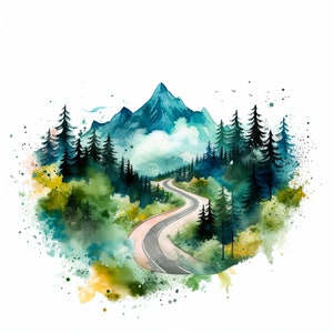 Op de afbeelding: Waterverf schilderij van een kronkelende weg door een bos met een berg op de achtergrond. De weg is omgeven door groene bomen en struiken, en de berg is een levendig blauw met witte wolken.
