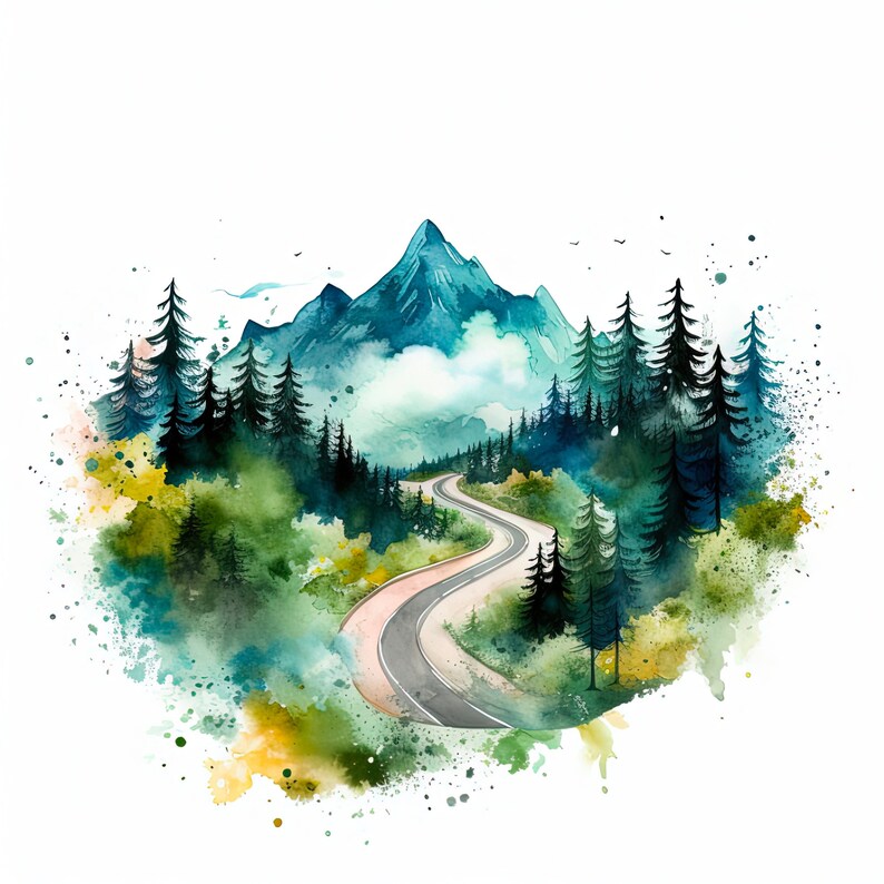 Op de afbeelding: Waterverf schilderij van een kronkelende weg door een bos met een berg op de achtergrond. De weg is omgeven door groene bomen en struiken, en de berg is een levendig blauw met witte wolken.