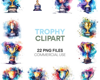 Trophy Clipart: Award and School Clipart, Commercial Use Digital Clip Art - Silver Trophy, First Place, Blue Ribbon and PNG Illustrations