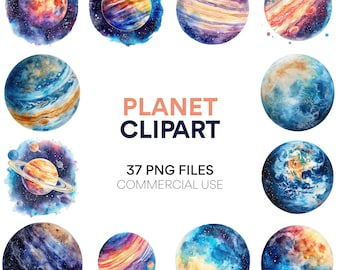 Planet Clipart: Watercolor Planets, Solar System Clipart, Space Graphics, and Earth Clipart - PNG Instant Download for Commercial Use