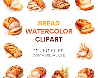 Bröd Clipart Bundle: Bageri, Mat, Akvarell Brödbilder JPG, Kommersiellt Användning Bakning Clipart för Junk Journal, Digital Nedladdning, Kök