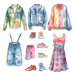 Op de afbeelding: Een set met aquarel illustraties van kleding en schoenen. De set bevat een spijkerjack, een groen en geel tie-dye jack, een gestreept regenboogjack, een overall, een spijkerbroekje, een roze broekje, een regenboog tanktop, een geruite rok, een paar sneakers, een paar bruine schoenen, een paar groene schoenen en een paar rood-wit geruite schoenen.