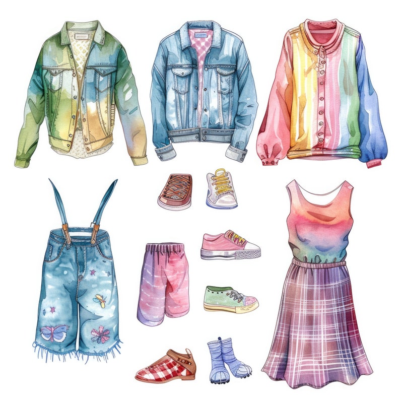 Op de afbeelding: Een set met aquarel illustraties van kleding en schoenen. De set bevat een spijkerjack, een groen en geel tie-dye jack, een gestreept regenboogjack, een overall, een spijkerbroekje, een roze broekje, een regenboog tanktop, een geruite rok, een paar sneakers, een paar bruine schoenen, een paar groene schoenen en een paar rood-wit geruite schoenen.
