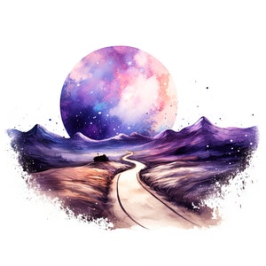 Op de afbeelding: Een aquarel schilderij van een kronkelende weg die door een paars berggebied leidt met een grote, roze en paarse maan aan de hemel.