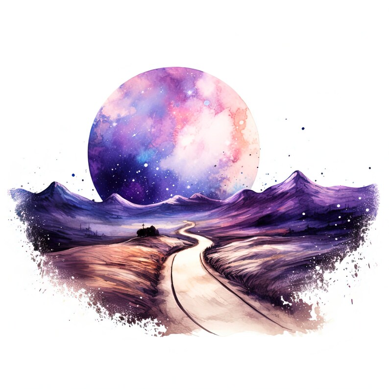 Op de afbeelding: Een aquarel schilderij van een kronkelende weg die door een paars berggebied leidt met een grote, roze en paarse maan aan de hemel.