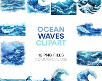 Könnte beinhalten: Zwölf Aquarell-Illustrationen von Ozeanwellen in verschiedenen Blautönen. Der Text "OCEAN WAVES CLIPART" und "12 PNG FILES COMMERCIAL USE" wird in der Mitte des Bildes angezeigt.