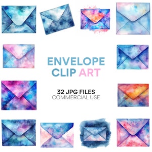 Sobre Clip Art Acuarela - Descarga digital instantánea, Imágenes prediseñadas de correo de carta para uso comercial, Sobre de acuarela JPG