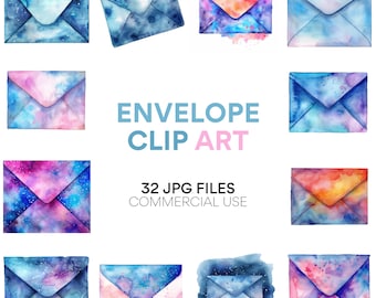 Enveloppe Clip Art aquarelle - téléchargement numérique instantané, clipart courrier courrier pour un usage commercial, enveloppe aquarelle JPG
