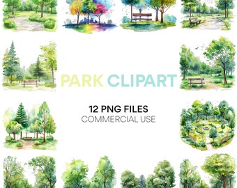Clipart park: aquarel landschap, parkbank, digitale png-download voor commercieel gebruik, afdrukbare kunst voor ongewenste tijdschriften, digitale planner