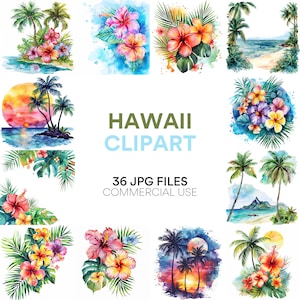 Hawaii Watercolor Clipart: Summer Hawaiian Tropical Flowers, Luau, Palm Trees JPG for Beach Vacation