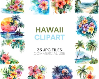 Hawaii aquarel clipart: Hawaiiaanse tropische zomerbloemen, Luau, palmbomen JPG voor strandvakantie