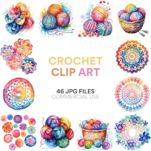 Crochet Clip Art: Knitting & Yarn Clipart, Planner Stickers, Instant Download for Scrapbooking, Watercolor Style with Crochet Hooks