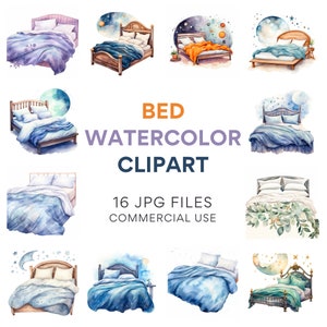 Bed Clipart Bundle: Watercolor Bed & Bedroom Cliparts, Digital Download for Commercial Use, Sleep and Floral Clipart, Instant JPG Download
