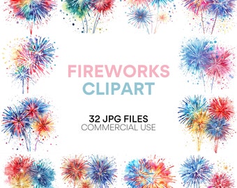 Fireworks Clipart, Watercolor Fireworks, Patriotic & BBQ Clipart for 4th of July, Independence Day, Commercial Use, Glitter Sparklers, JPG