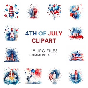 4th of July Clipart: Patriotic Watercolor Digital Download - American Flag, USA, Independence Day Celebration Clipart Bundle