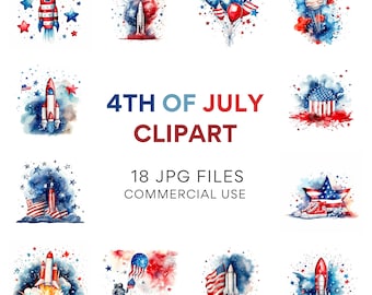 4 juli Clipart: Patriotisk akvarell digital nedladdning - Amerikansk flagga, USA, självständighetsdagen firande Clipart Bundle