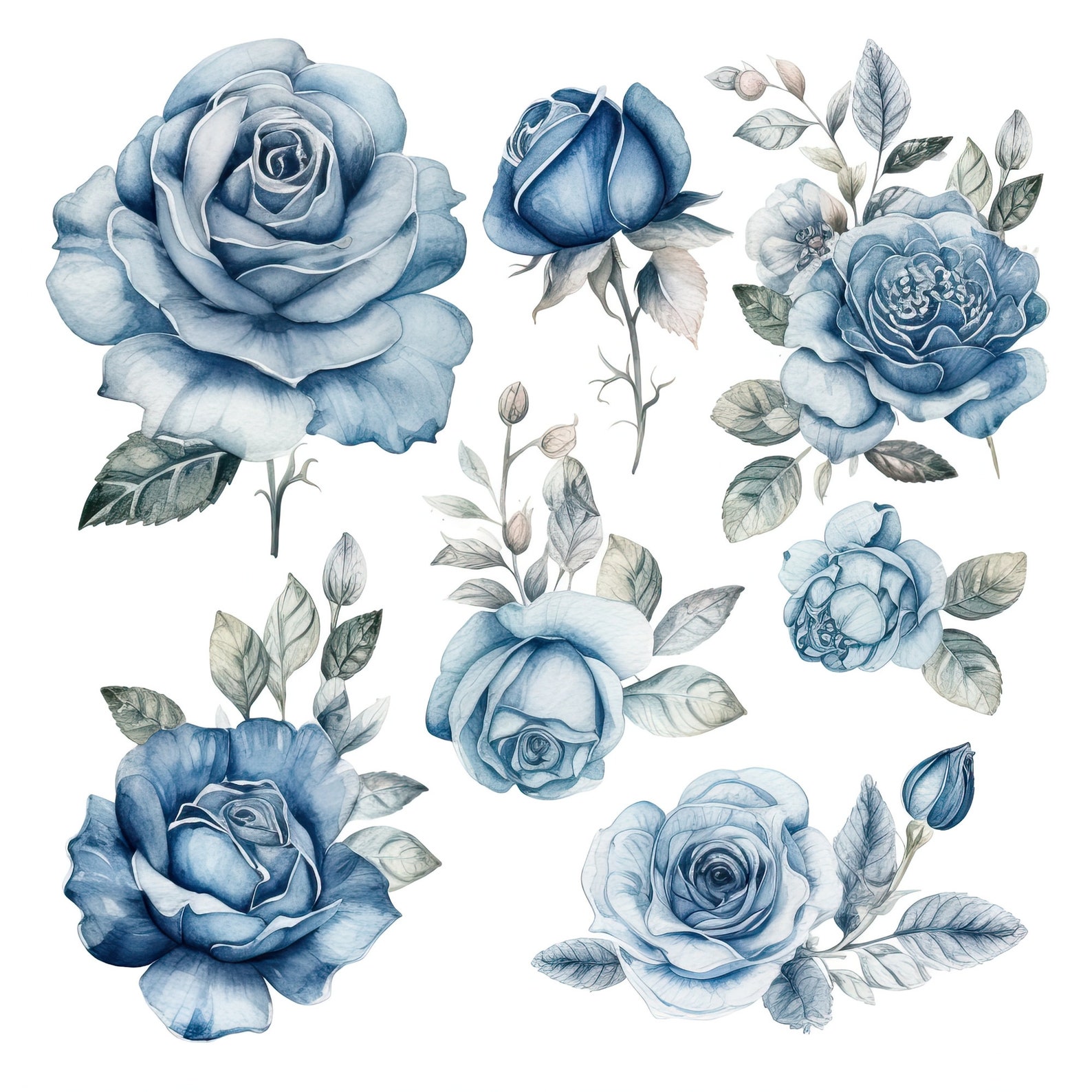 Vintage Blue Roses Clipart 49 High-quality Jpgs Watercolor, Digital ...