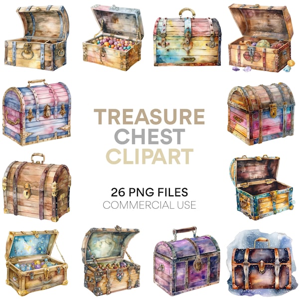 Treasure Chest Clipart: Watercolor, Fantasy & Nautical Theme, Pirate Ship, Ocean, Seashell, PNG - Commercial Use Clipart Bundle