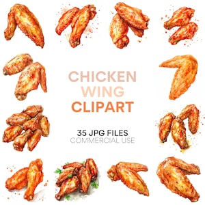Chicken Wing Clipart - Asian Style BBQ Hot Wings, Instant Digital Download for Wing Night, Commercial Use, Watercolor Chicken JPG
