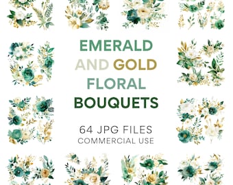 Emerald and Gold Floral Bouquets Clipart: Vintage Flowers in Green and Gold, Floral Bouquets, Featuring Green Roses