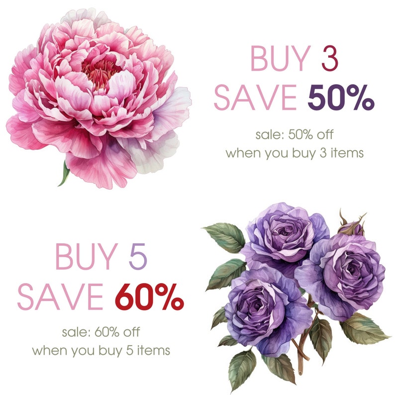 Pode incluir: Duas ilustra&ccedil;&otilde;es de aquarela de flores com sobreposi&ccedil;&otilde;es de texto. A imagem superior mostra uma pe&ocirc;nia rosa com o texto "COMPRAR 3 ECONOMIZAR 50% oferta: 50% de desconto ao comprar 3 itens". A imagem inferior mostra um buqu&ecirc; de rosas roxas com o texto "COMPRAR 5 ECONOMIZAR 60% oferta: 60% de desconto ao comprar 5 itens".