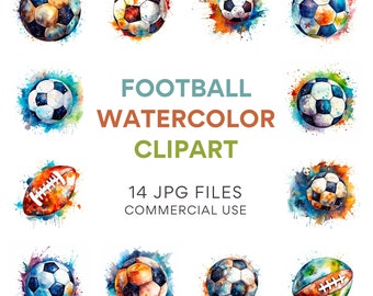 Football Clipart: Sports Digital Download - Soccer, American Football & Baseball Clip Art for Commercial Use - Watercolor Graphics