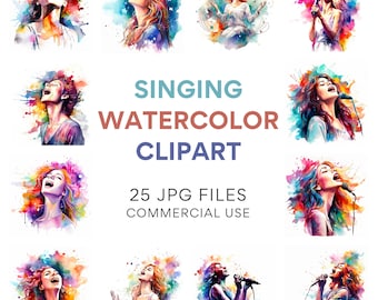 Sjungande Clipart | 25 högkvalitativa JPG-bilder - Akvarell, digitala planerare, skräpjournaler, väggkonst, kommersiellt bruk, digital nedladdning