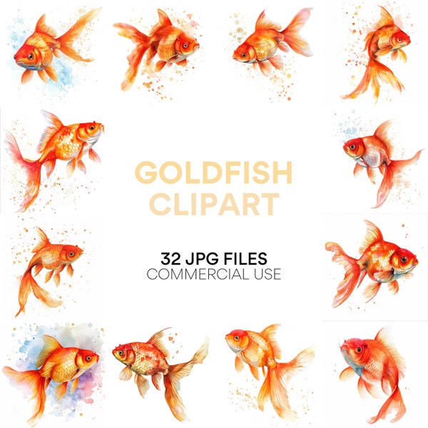 Goldfish Clipart: Watercolor Goldfish Paintings, Fish Print Clip Art for Commercial Use, Digital Download JPG for Crafting