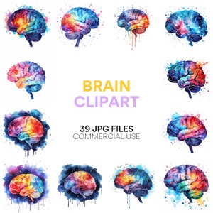 May include: A set of 39 digital watercolour brain illustrations. Each brain is painted in a vibrant galaxy-like pattern with shades of blue, purple, pink, orange, and yellow. The text "BRAIN CLIPART" is written in yellow and purple, and the text "39 JPG FILES COMMERCIAL USE" is written in black.
