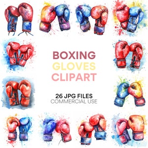 Puede incluir: Un conjunto de 26 ilustraciones de acuarela de guantes de boxeo en varios colores, incluidos rojo, azul y amarillo. Los guantes están pintados con un efecto de acuarela salpicado. El texto "BOXING GLOVES CLIPART" y "26 JPG FILES COMMERCIAL USE" está incluido en la imagen.