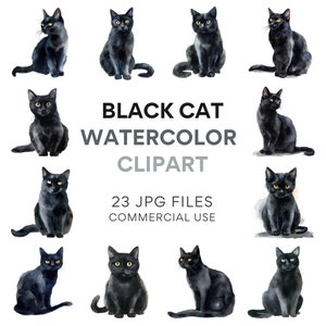 Black Cat Clipart: Watercolor Animals,  Watercolor Kitten JPG, Commercial Use JPG Image, Cats And Kittens Watercolor Art for Craft & Design