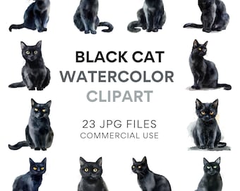 Schwarze Katze Clipart: Aquarell Tiere, Aquarell Kätzchen JPG, kommerzielle Nutzung JPG Bild, Katzen und Kätzchen Aquarell Kunst für Handwerk & Design