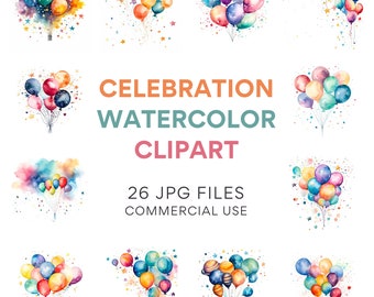 Celebration Clip Art Bundle - Birthday, Party, Watercolor, Planner Stickers, Balloons Clipart & More - Commercial Use - JPG Files