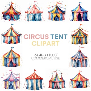 Circus Tent Clipart Bundle: Carnival, Clown Clipart & Circus Party Graphics - Circus Birthday, Baby Shower, Balloons - JPG Files